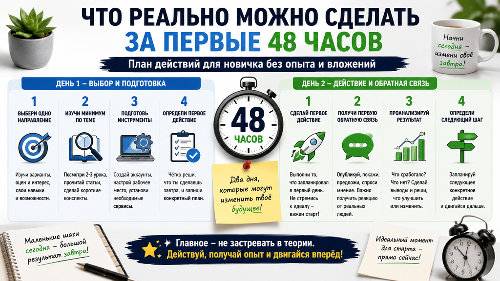С чего начать зарабатывать в Интернете новичку в 2026 году: 7 рабочих направлений и план на первые 48 часов
