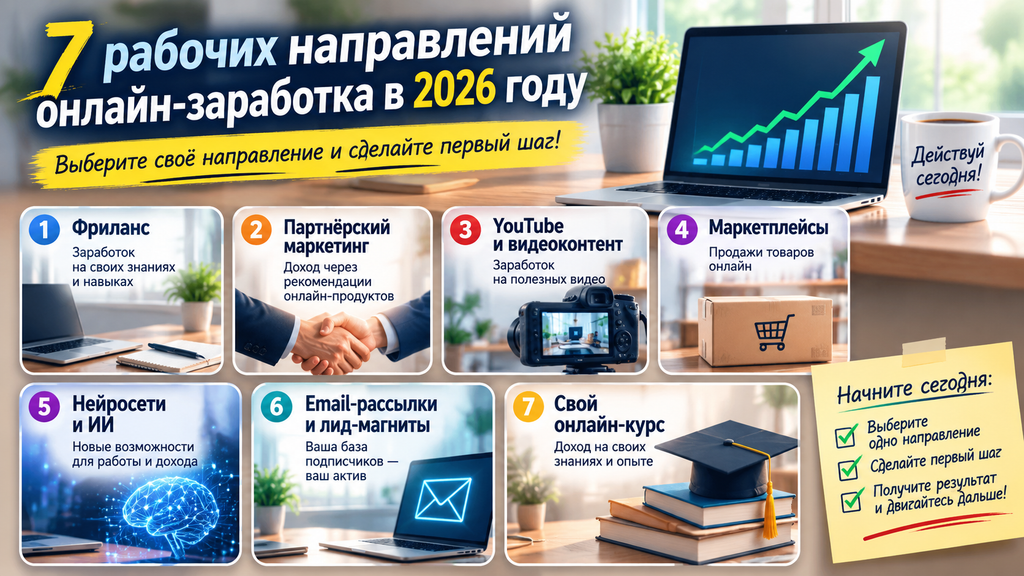 С чего начать зарабатывать в Интернете новичку в 2026 году: 7 рабочих направлений и план на первые 48 часов